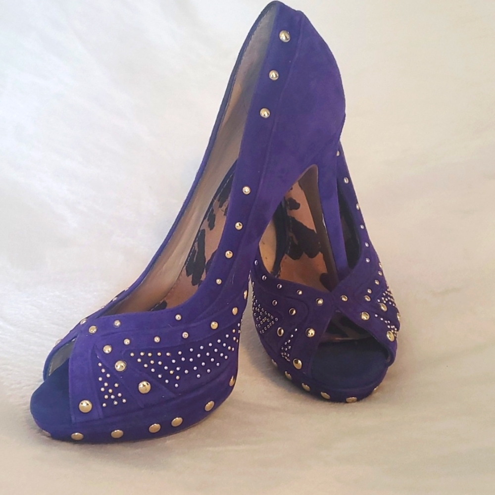 Gianni Bini Purple Gold Studed Heels Gold Brass Studs - Picture 2 of 7